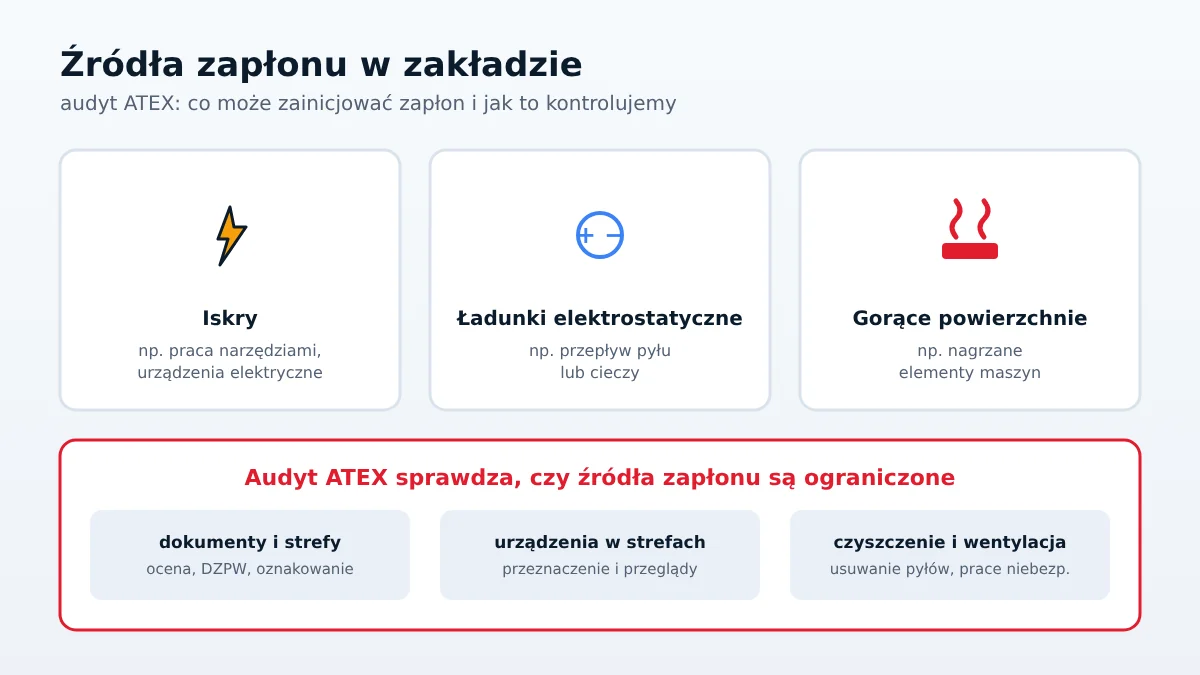 Audyt ATEX: źródła zapłonu (iskry, ładunki elektrostatyczne, gorące powierzchnie) i obszary kontroli w zakładzie