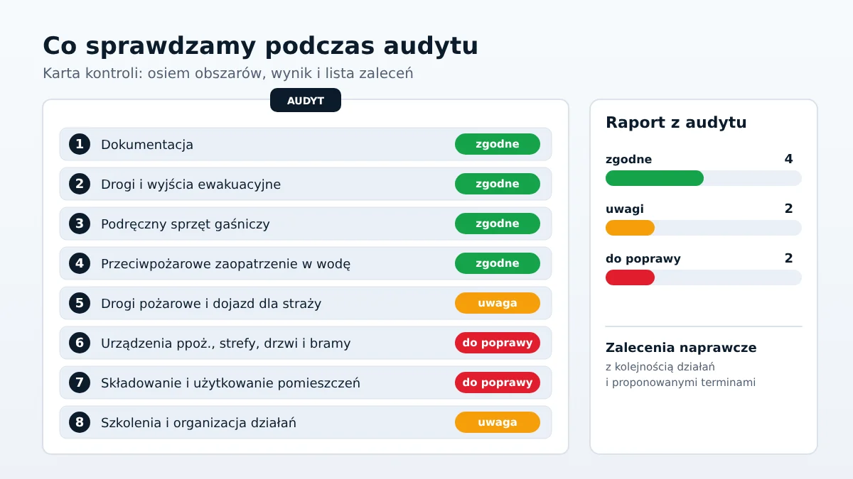 Karta kontroli audytu przeciwpożarowego (audytu ppoż): dokumentacja, drogi ewakuacyjne, gaśnice, przeciwpożarowe zaopatrzenie w wodę, drogi pożarowe, urządzenia ppoż., składowanie i szkolenia