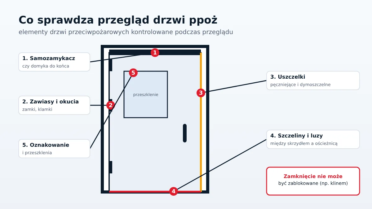 Elementy drzwi przeciwpożarowych kontrolowane podczas przeglądu: samozamykacz, zawiasy, uszczelki, szczeliny, oznakowanie