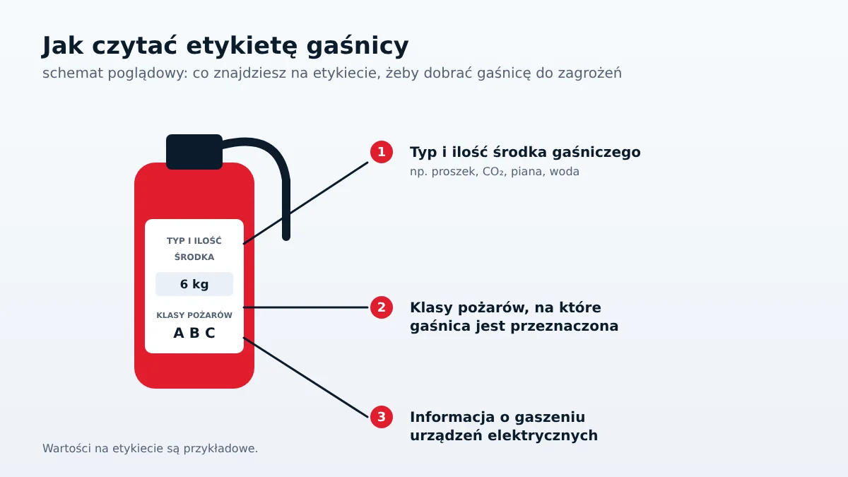 Jak czytać etykietę gaśnicy: typ i ilość środka gaśniczego, klasy pożarów i informacja o gaszeniu urządzeń elektrycznych