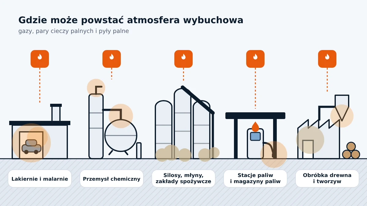 Przykładowe obiekty z ryzykiem atmosfery wybuchowej: lakiernia, zakład chemiczny, silosy i młyn, stacja paliw oraz zakład obróbki drewna