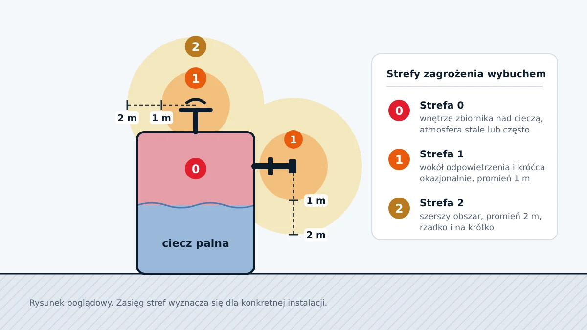 Rysunek poglądowy stref zagrożenia wybuchem wokół zbiornika z cieczą palną: strefa 0 wewnątrz, strefa 1 przy odpowietrzeniu i króćcu napełniania, strefa 2 wokół nich