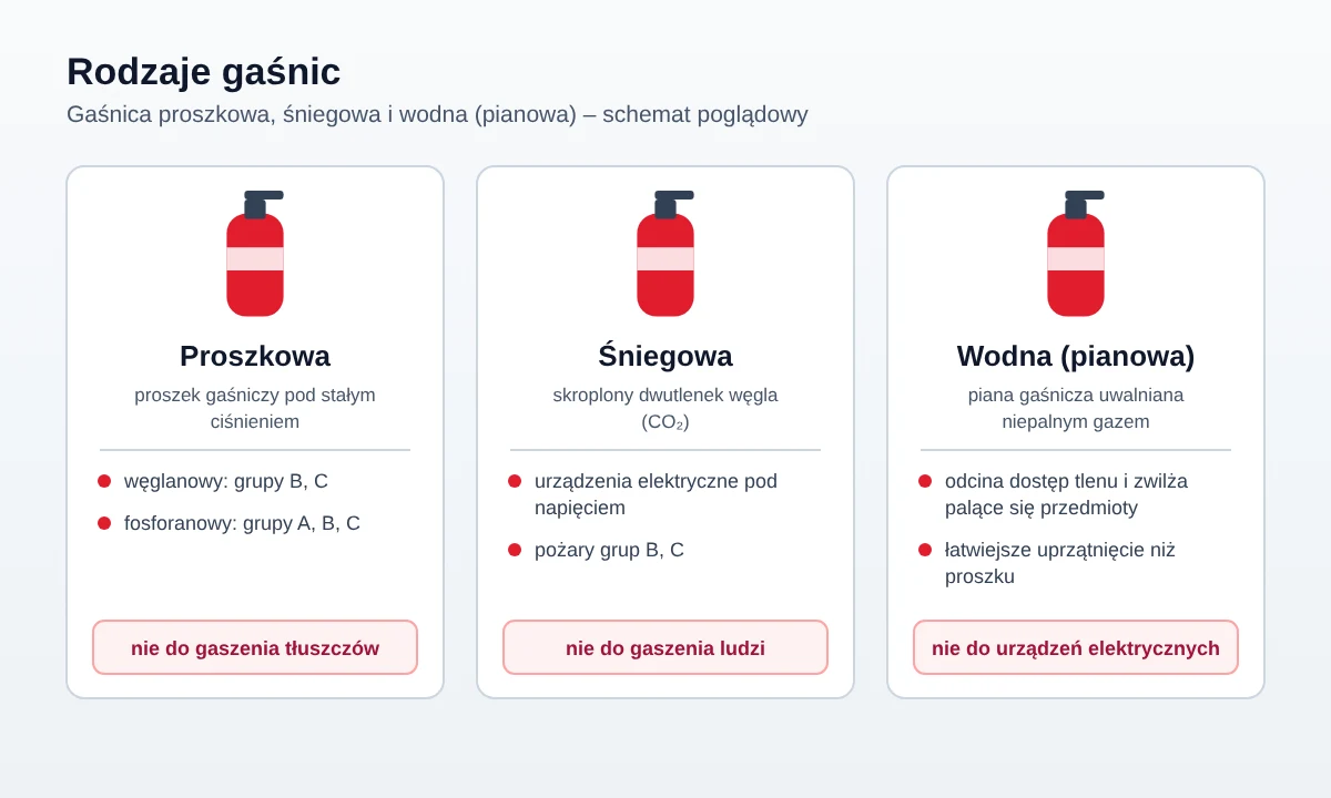Schemat poglądowy: gaśnica proszkowa, śniegowa i wodna (pianowa) – środek gaśniczy, zastosowanie i ograniczenia