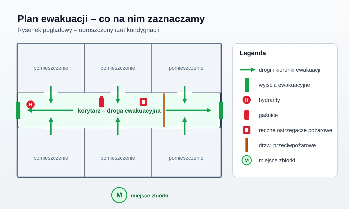 Schemat poglądowy planu ewakuacji: drogi i kierunki ewakuacji, wyjścia ewakuacyjne, hydranty, gaśnice, ręczne ostrzegacze, drzwi przeciwpożarowe i miejsce zbiórki