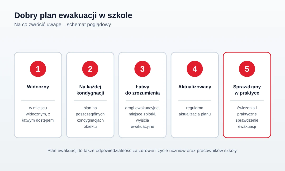 Schemat poglądowy: cechy dobrego planu ewakuacji w szkole